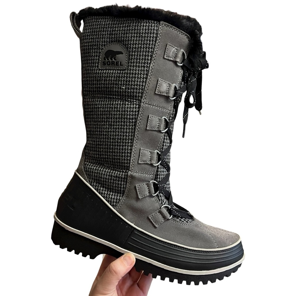 Sorel Tivoli II High Houndstooth Waterproof Winter Snow Boots Size 8 Black Gray